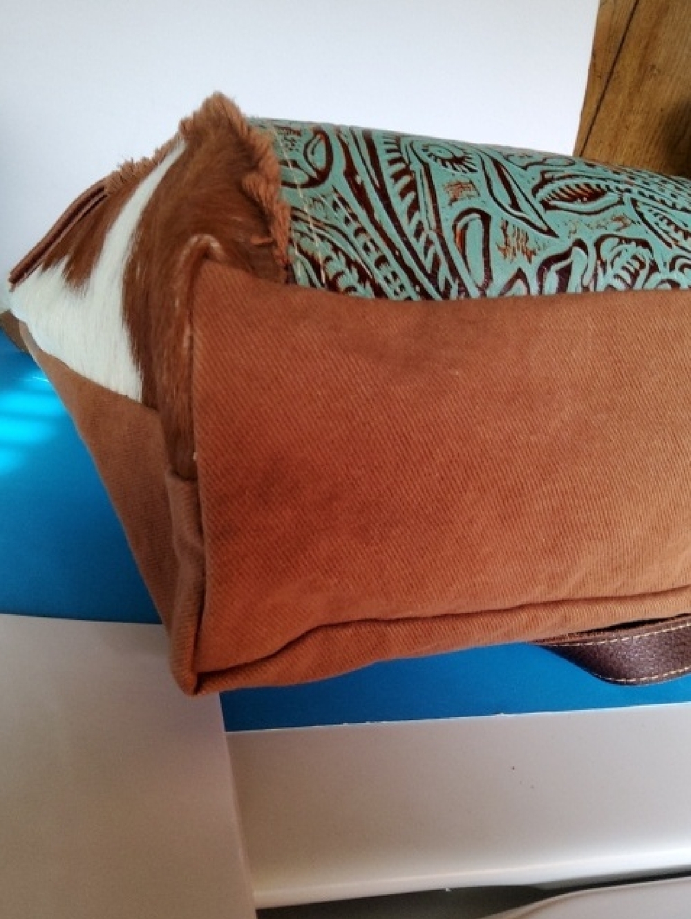 Myra Bag Tooled Turquoise Leather,cowhide accents tote. - Picture 6 of 9